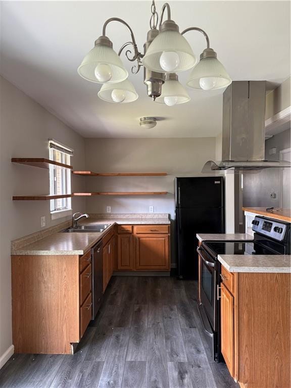 kitchen with island range hood, open shelves, dark wood finished floors, a sink, and stainless steel appliances