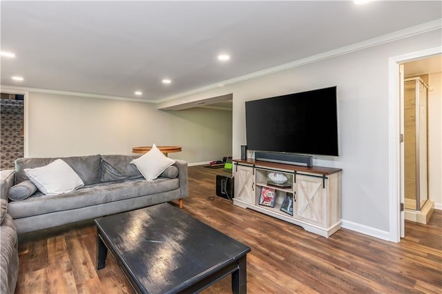 living area with crown molding, recessed lighting, and wood finished floors