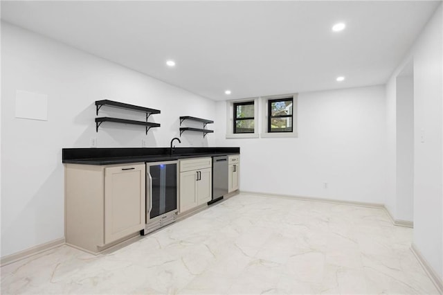 1639 Indiana St, Lawrence, KS 66044 - kitchen with wine cooler, light marble finish flooring, open shelves, stainless steel dishwasher, and recessed lighting