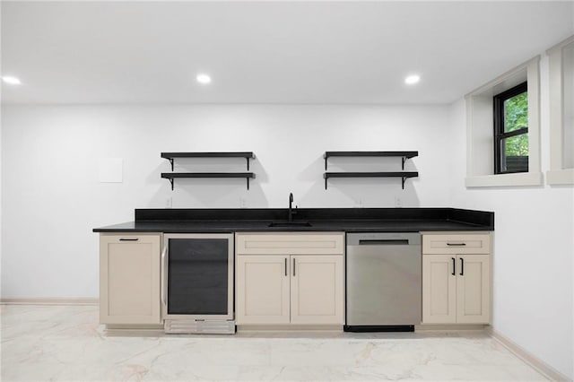 1639 Indiana St, Lawrence, KS 66044 - indoor wet bar with dishwasher, wine cooler, light marble finish floors, baseboards, and recessed lighting