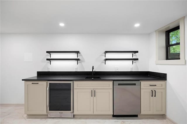 1639 Indiana St, Lawrence, KS 66044 - indoor wet bar with stainless steel dishwasher, beverage cooler, light marble finish floors, baseboards, and recessed lighting