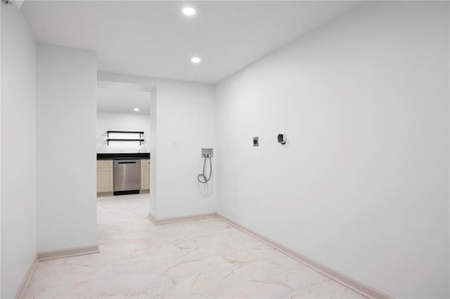 1639 Indiana St, Lawrence, KS 66044 - laundry room featuring hookup for an electric dryer, hookup for a washing machine, light marble finish flooring, recessed lighting, and baseboards