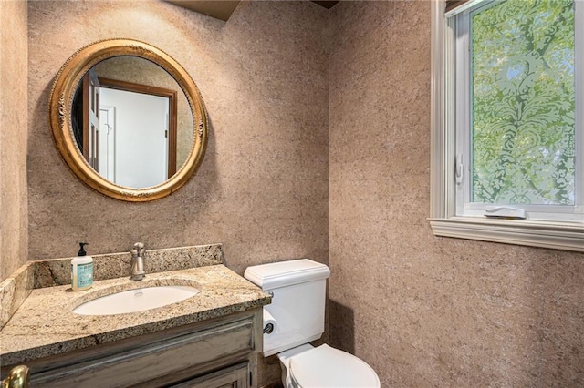 bathroom featuring toilet, healthy amount of natural light, and vanity