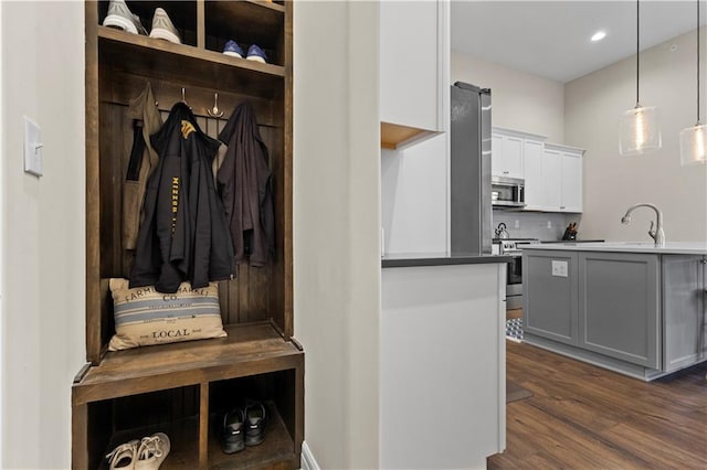 6529 Barth Rd, Shawnee, KS 66226 - mudroom with dark wood-style floors, a sink, and recessed lighting