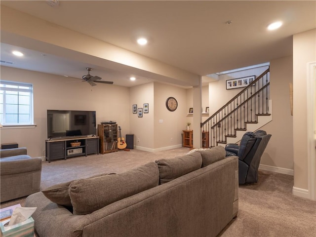 6529 Barth Rd, Shawnee, KS 66226 - living area featuring light carpet, baseboards, a ceiling fan, recessed lighting, and stairway