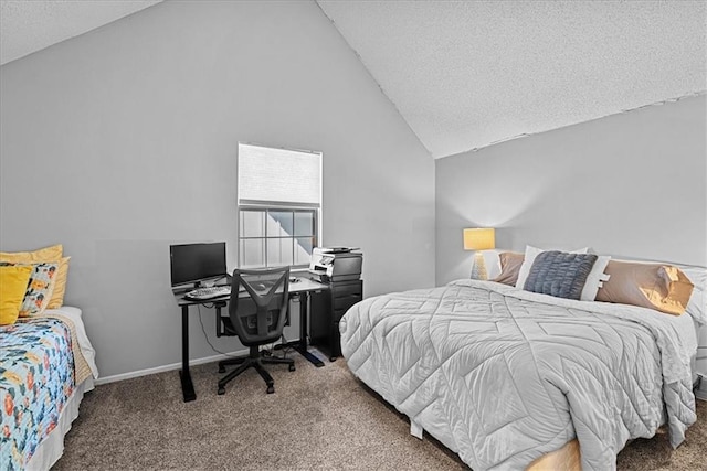 carpeted bedroom featuring vaulted ceiling, a textured ceiling, baseboards, and a desk