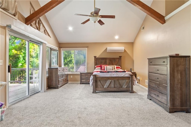 14 Emerald Shore Dr, Lake Tapawingo, MO 64015 - bedroom featuring access to outside, high vaulted ceiling, light carpet, beam ceiling, and recessed lighting