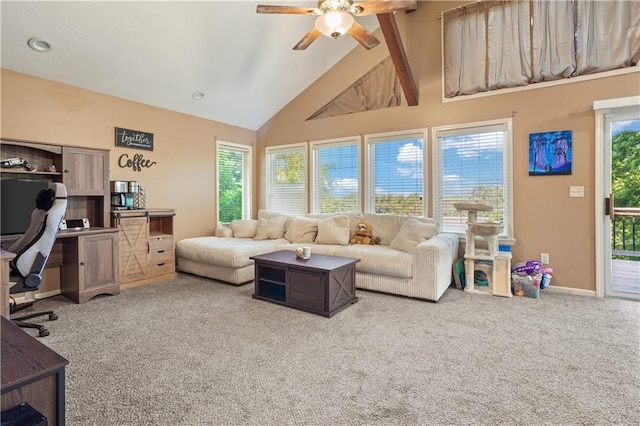 14 Emerald Shore Dr, Lake Tapawingo, MO 64015 - carpeted living area featuring a desk, a ceiling fan, high vaulted ceiling, beamed ceiling, and baseboards