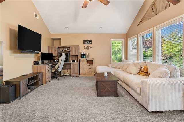 14 Emerald Shore Dr, Lake Tapawingo, MO 64015 - living area featuring light carpet, a ceiling fan, a desk, and high vaulted ceiling