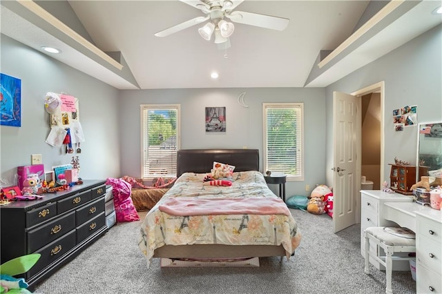 14 Emerald Shore Dr, Lake Tapawingo, MO 64015 - bedroom featuring vaulted ceiling, carpet, recessed lighting, and ceiling fan