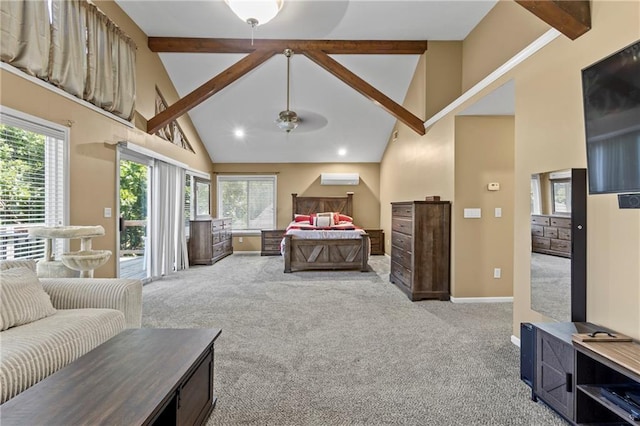 14 Emerald Shore Dr, Lake Tapawingo, MO 64015 - bedroom featuring beamed ceiling, carpet floors, high vaulted ceiling, and access to exterior