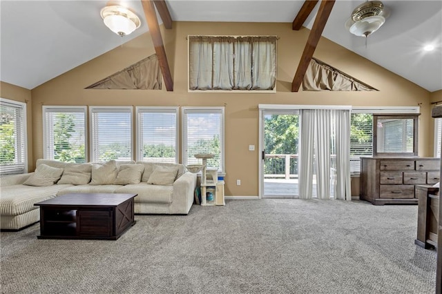 14 Emerald Shore Dr, Lake Tapawingo, MO 64015 - carpeted living room featuring beamed ceiling and high vaulted ceiling