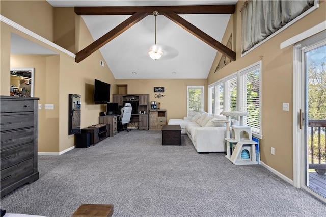 14 Emerald Shore Dr, Lake Tapawingo, MO 64015 - carpeted living room featuring beamed ceiling, high vaulted ceiling, and an office area