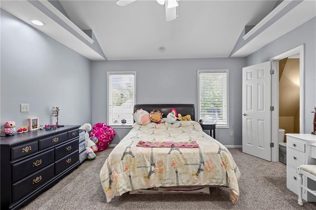 14 Emerald Shore Dr, Lake Tapawingo, MO 64015 - bedroom with carpet flooring, multiple windows, vaulted ceiling, and a ceiling fan