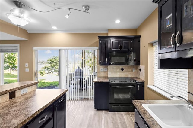 14 Emerald Shore Dr, Lake Tapawingo, MO 64015 - kitchen with black appliances, dark cabinets, tasteful backsplash, and light wood-style floors