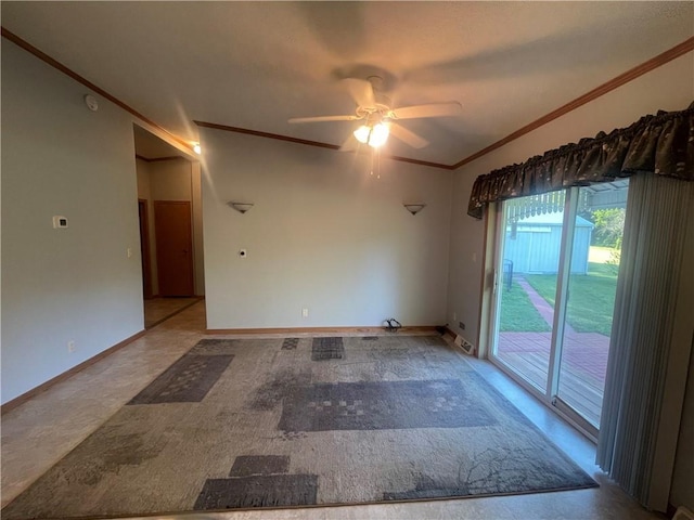 unfurnished room featuring baseboards, a ceiling fan, and ornamental molding