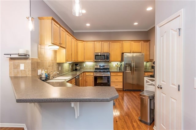kitchen with appliances with stainless steel finishes, a sink, ornamental molding, a peninsula, and light wood finished floors