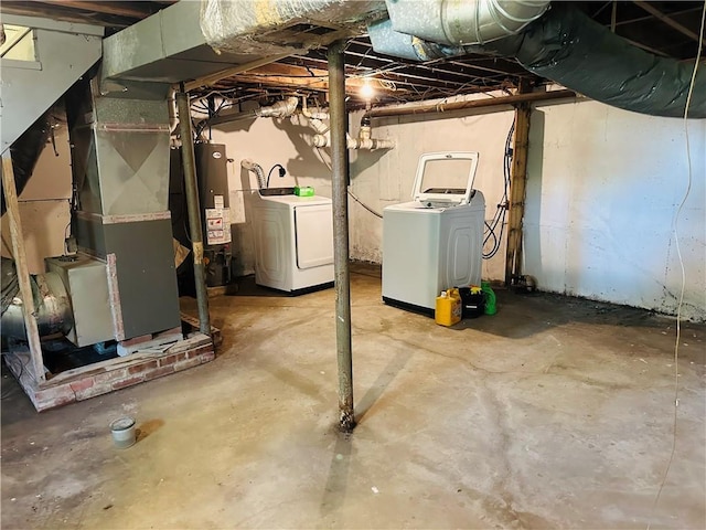 8480 NW High St Unit B, Amsterdam, MO 64723 - unfinished basement with water heater, heating unit, and washing machine and clothes dryer