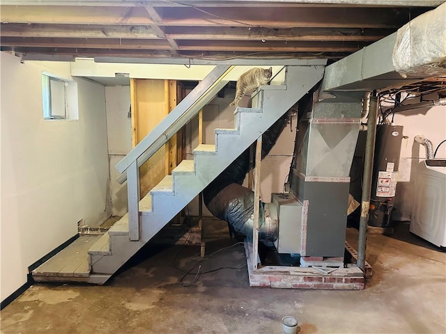 8480 NW High St Unit B, Amsterdam, MO 64723 - unfinished basement featuring washer / dryer, stairway, and gas water heater