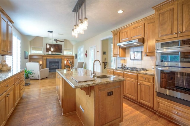 2945 W 143rd Ter, Leawood, KS 66224 - kitchen featuring a sink, appliances with stainless steel finishes, under cabinet range hood, light stone counters, and an island with sink