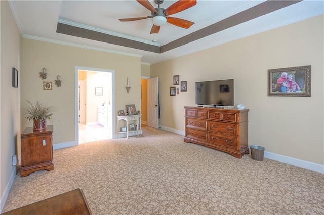 2945 W 143rd Ter, Leawood, KS 66224 - bedroom with carpet floors, a raised ceiling, crown molding, baseboards, and a ceiling fan