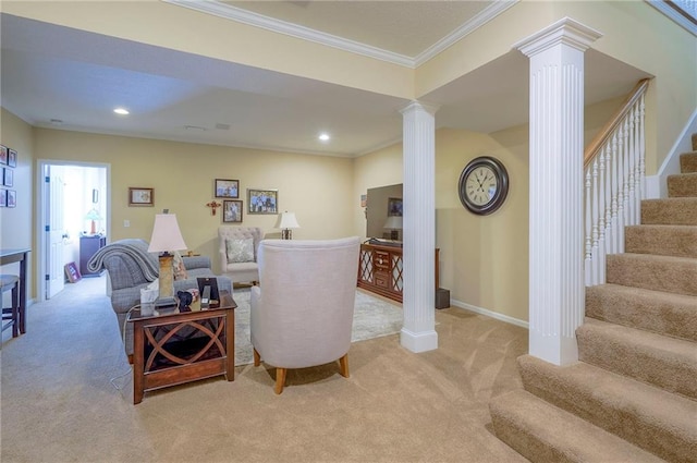 2945 W 143rd Ter, Leawood, KS 66224 - living area featuring decorative columns, light carpet, stairs, ornamental molding, and recessed lighting
