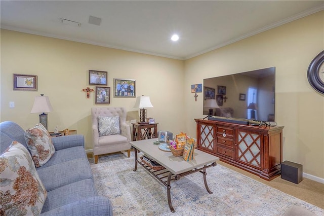 2945 W 143rd Ter, Leawood, KS 66224 - carpeted living area featuring crown molding and baseboards