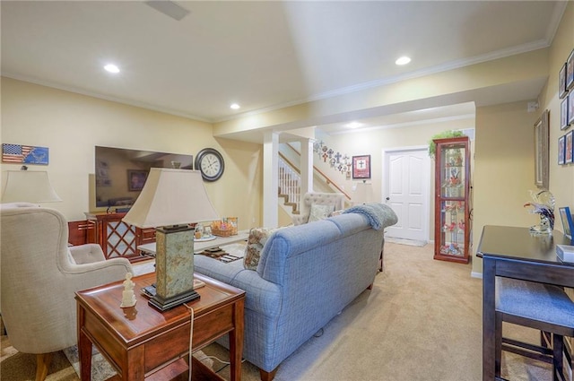 2945 W 143rd Ter, Leawood, KS 66224 - living room with crown molding, recessed lighting, stairs, light carpet, and baseboards