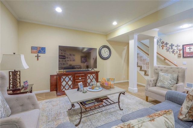 2945 W 143rd Ter, Leawood, KS 66224 - living area with stairs, crown molding, baseboards, and recessed lighting