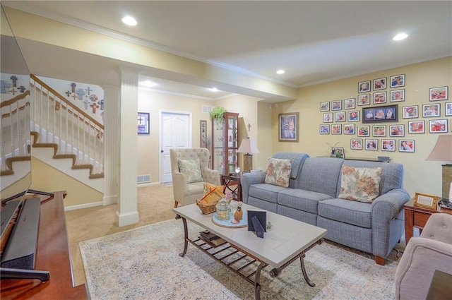 2945 W 143rd Ter, Leawood, KS 66224 - living area featuring crown molding, recessed lighting, stairs, baseboards, and carpet floors