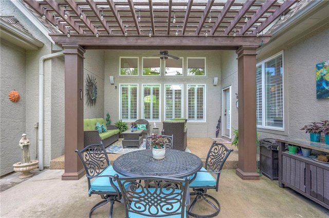 2945 W 143rd Ter, Leawood, KS 66224 - view of patio / terrace with a pergola, a ceiling fan, an outdoor hangout area, and outdoor dining area