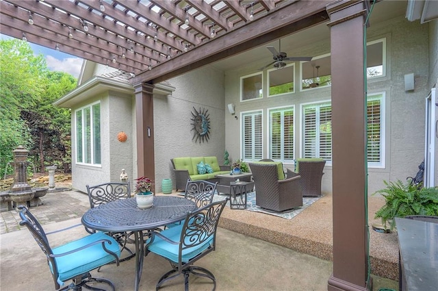 2945 W 143rd Ter, Leawood, KS 66224 - view of patio with outdoor lounge area, a pergola, ceiling fan, and outdoor dining space