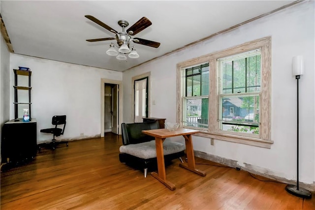 dining area with ceiling fan and wood finished floors
