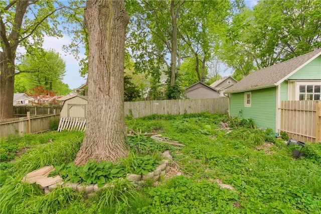 view of yard with an outdoor structure, a shed, and a fenced backyard