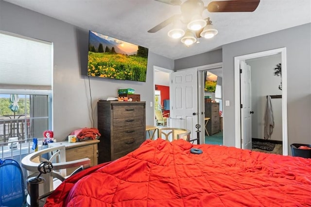 bedroom featuring access to outside and ceiling fan