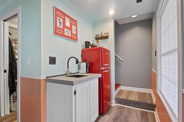 laundry room with crown molding, a sink, and wood finished floors