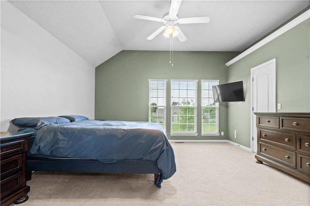 18461 W 157th St, Olathe, KS 66062 - bedroom with light colored carpet, vaulted ceiling, and ceiling fan