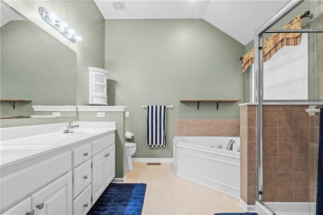 18461 W 157th St, Olathe, KS 66062 - full bath featuring a garden tub, double vanity, tile patterned floors, vaulted ceiling, and a shower stall