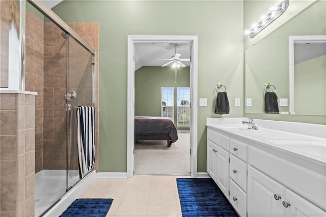 18461 W 157th St, Olathe, KS 66062 - full bathroom with ensuite bath, lofted ceiling, double vanity, ceiling fan, and a stall shower