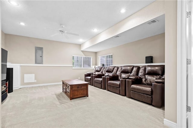 18461 W 157th St, Olathe, KS 66062 - carpeted home theater room with ceiling fan, electric panel, and recessed lighting