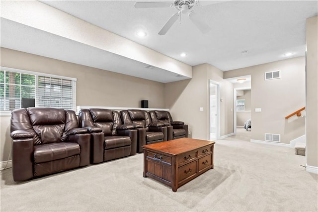 18461 W 157th St, Olathe, KS 66062 - home theater featuring light carpet, a ceiling fan, and recessed lighting