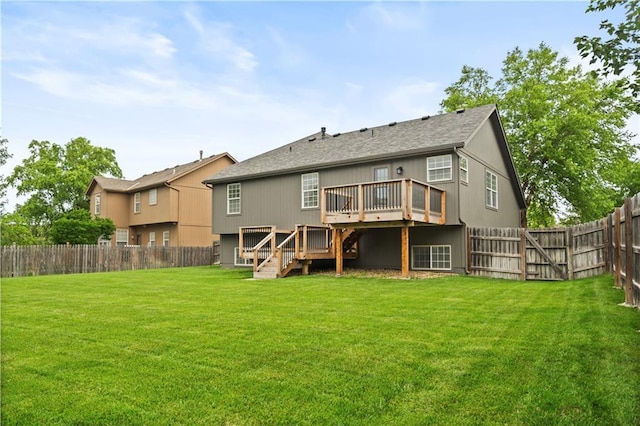 18461 W 157th St, Olathe, KS 66062 - back of house with stairs, a fenced backyard, a wooden deck, and a shingled roof