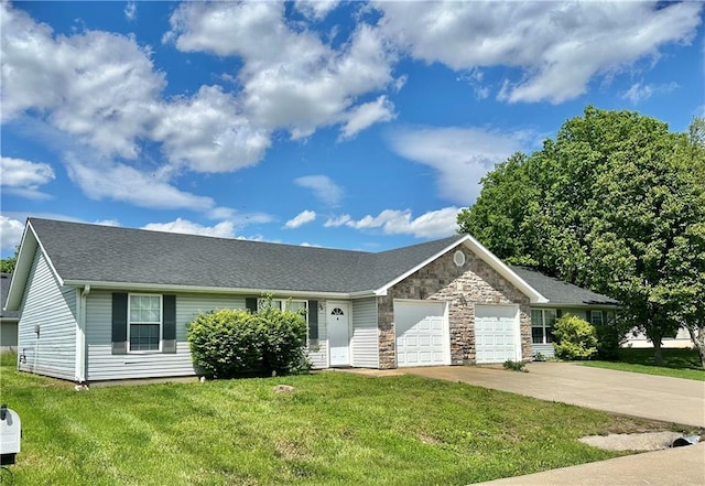 ranch-style home with concrete driveway, a garage, a front lawn, and stone siding