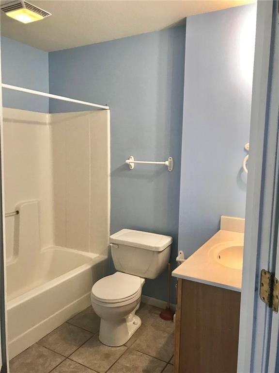full bath featuring toilet,  shower combination, visible vents, tile patterned floors, and vanity