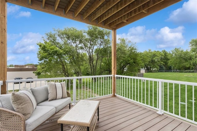 10924 W 67th St, Shawnee, KS 66203 - wooden deck with a yard, an outdoor hangout area, and view of wooded area