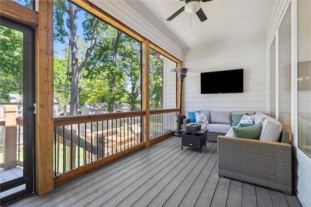 2704 W 74th St, Prairie Village, KS 66208 - sunroom with ceiling fan and an outdoor living space