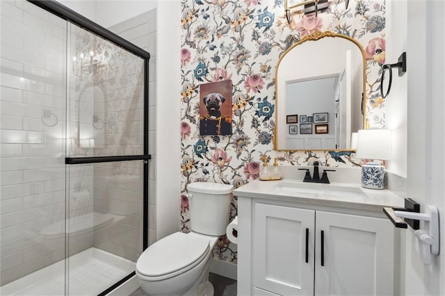2704 W 74th St, Prairie Village, KS 66208 - full bathroom featuring wallpapered walls, toilet, vanity, and a shower stall