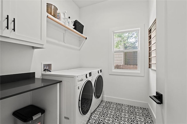 2704 W 74th St, Prairie Village, KS 66208 - laundry room featuring cabinet space, independent washer and dryer, baseboards, and tile patterned floors