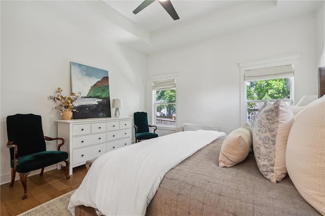 2704 W 74th St, Prairie Village, KS 66208 - bedroom featuring a raised ceiling, wood finished floors, and ceiling fan
