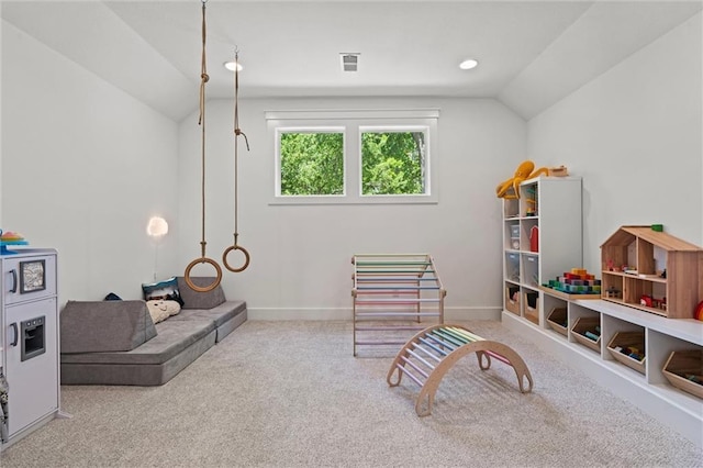 2704 W 74th St, Prairie Village, KS 66208 - rec room featuring lofted ceiling, carpet, and baseboards